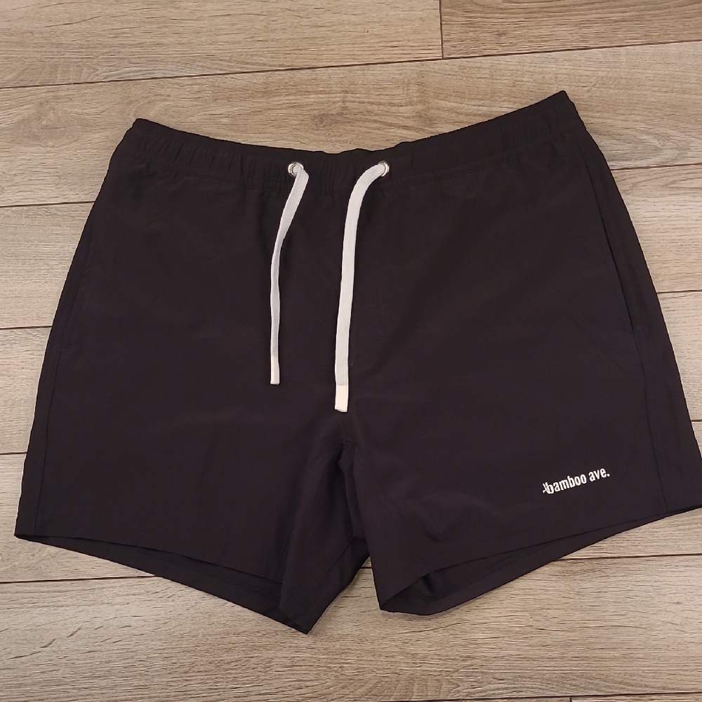 BAMBOO AVE Solid Black White Logo Sz L Mens‎ Athletic Performance Workout Shorts